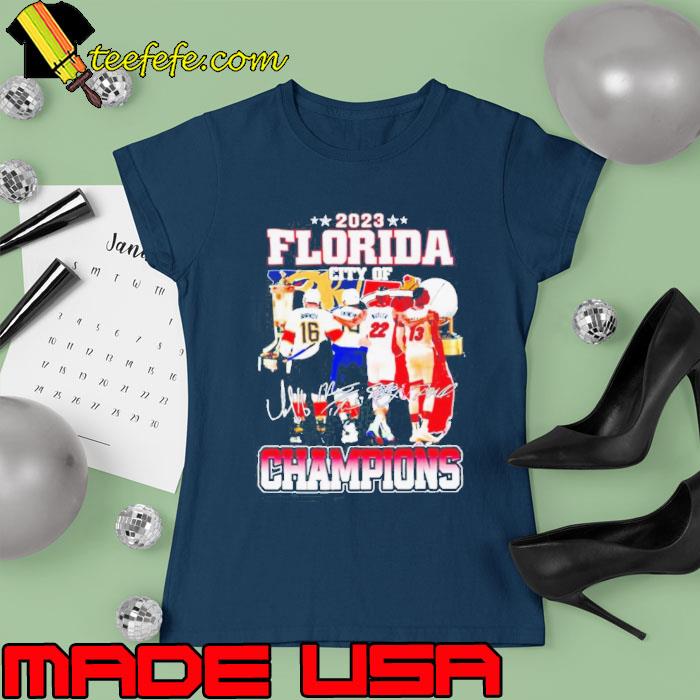 2023 Florida city of champions Miami Heat and Florida Panthers signatures s Ladies tee 2023 Florida city of champions Miami Heat and Florida Panthers signatures s Ladies tee