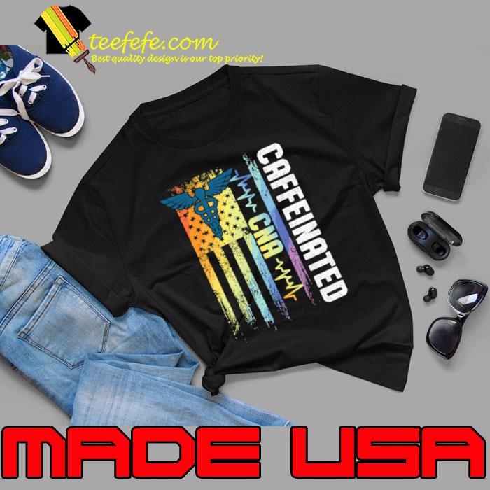 CNA Caffeinated Certified Nursing Assistant Heartbeat American Flag Retro T-Shirt