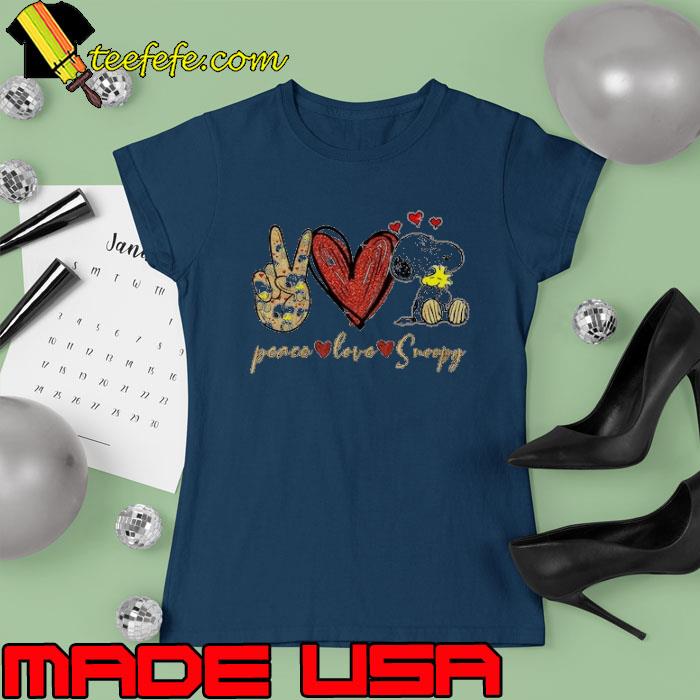 Peace love snoopy and woodstock heart s Ladies tee Peace love snoopy and woodstock heart s Ladies tee