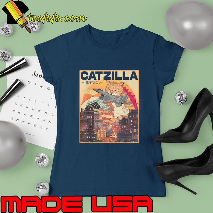 Catzilla Vintage Funny Cute Cat Art Japanese Sunset T-Shirt Ladies tee Catzilla Vintage Funny Cute Cat Art Japanese Sunset T-Shirt Ladies tee