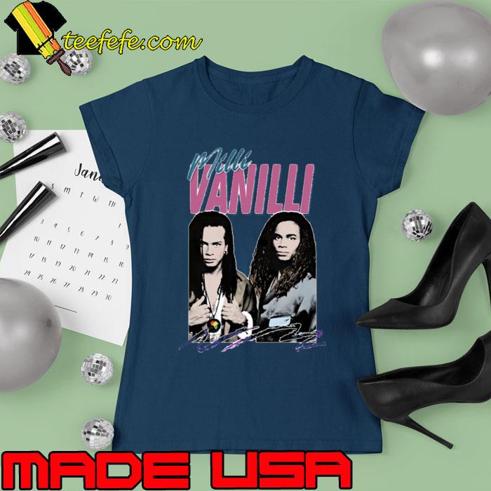 Milli Vanilli 80's German-French R&B Pop Music Signature T-Shirt Ladies tee Milli Vanilli 80's German-French R&B Pop Music Signature T-Shirt Ladies tee