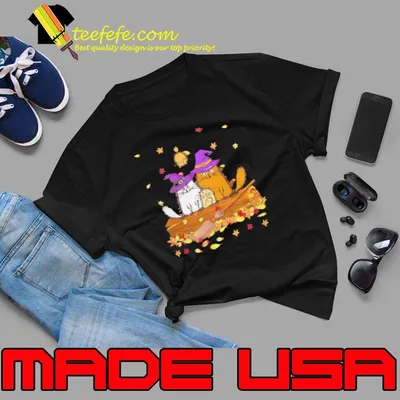 Cats witch broom autumn tree halloween shirt