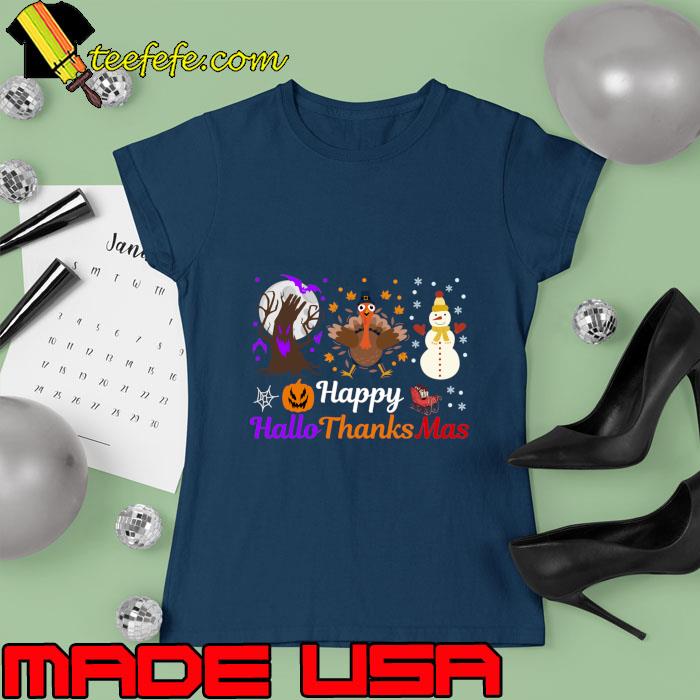 Happy HalloThanksMas Tree Turkey Snowman Moon T-Shirt Ladies tee Happy HalloThanksMas Tree Turkey Snowman Moon T-Shirt Ladies tee