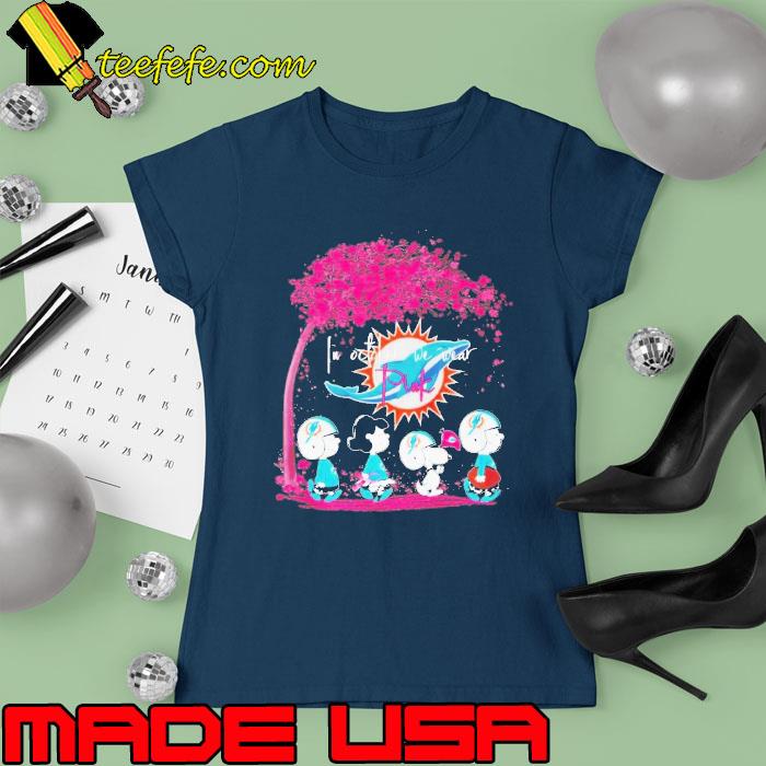 In October we wear pink Snoopy and friend Miami Dolphins s Ladies tee In October we wear pink Snoopy and friend Miami Dolphins s Ladies tee