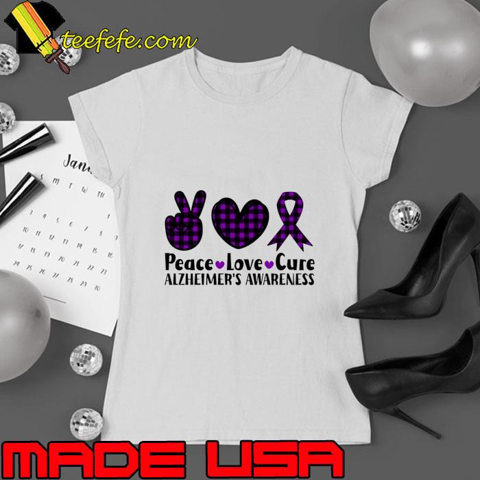 Peace Love Cure Alzheimer's Awareness Plaid Purple T-Shirt Ladies tee Peace Love Cure Alzheimer's Awareness Plaid Purple T-Shirt Ladies tee