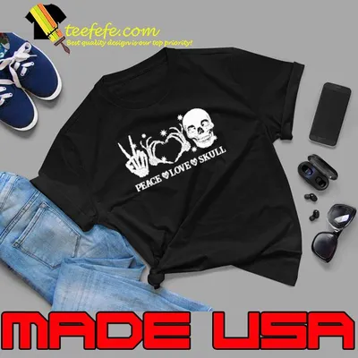 Peace love skull skeleton hand heart shirt