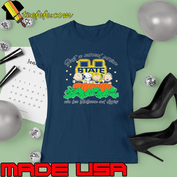Peanuts Just A Normal Person Who Love Halloween And Utah State Aggies Logo 2023 Shirt Ladies tee Peanuts Just A Normal Person Who Love Halloween And Utah State Aggies Logo 2023 Shirt Ladies tee