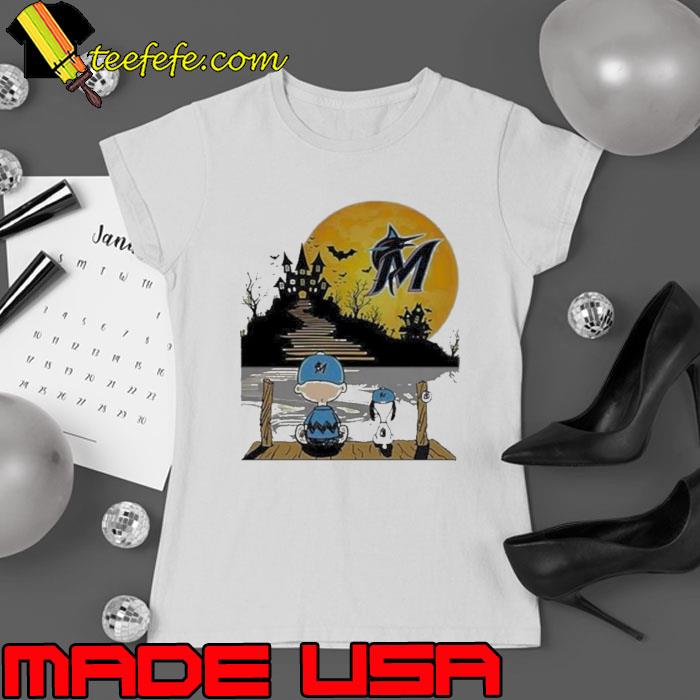 Peanuts Snoopy Charlie Brown Miami Marlins Sitting Under Moon Halloween Shirt Ladies tee Peanuts Snoopy Charlie Brown Miami Marlins Sitting Under Moon Halloween Shirt Ladies tee