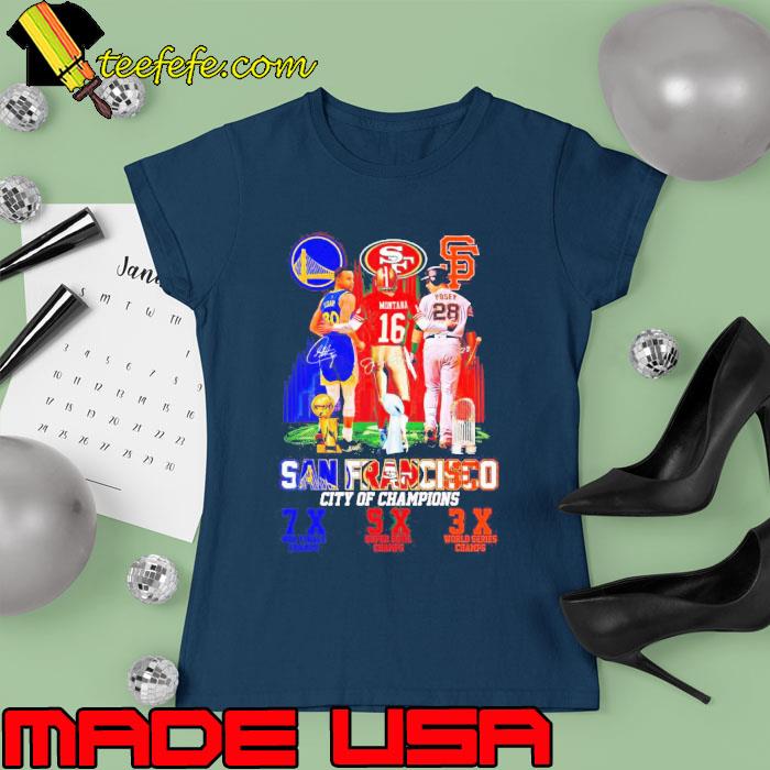 San Francisco city of champions Curry Montana and Posey signatures s Ladies tee San Francisco city of champions Curry Montana and Posey signatures s Ladies tee