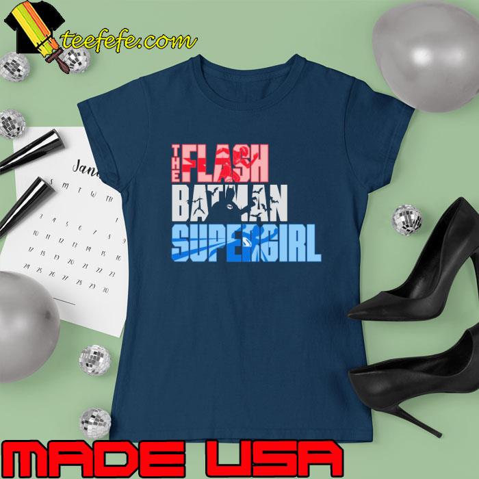The Flash Lettering With Batman And Supergirl s Ladies tee The Flash Lettering With Batman And Supergirl s Ladies tee