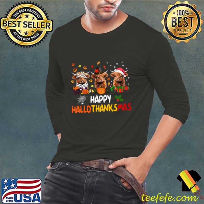 Happy Hallothanksmas Highland Cow Print Halloween Christmas T-Shirt Long Sleeve Tee Happy Hallothanksmas Highland Cow Print Halloween Christmas T-Shirt Long Sleeve Tee