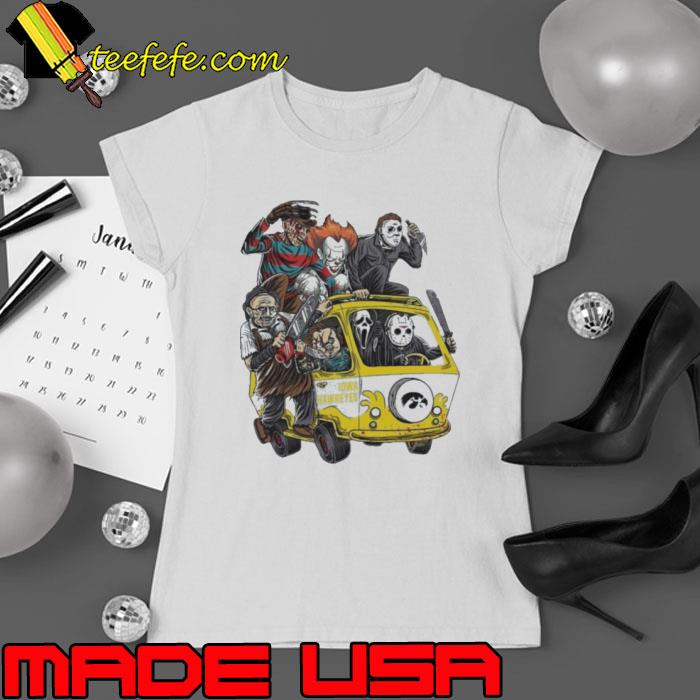 Iowa Hawkeyes Horror Movies Characters Bus Halloween 2023 Shirt Ladies tee Iowa Hawkeyes Horror Movies Characters Bus Halloween 2023 Shirt Ladies tee