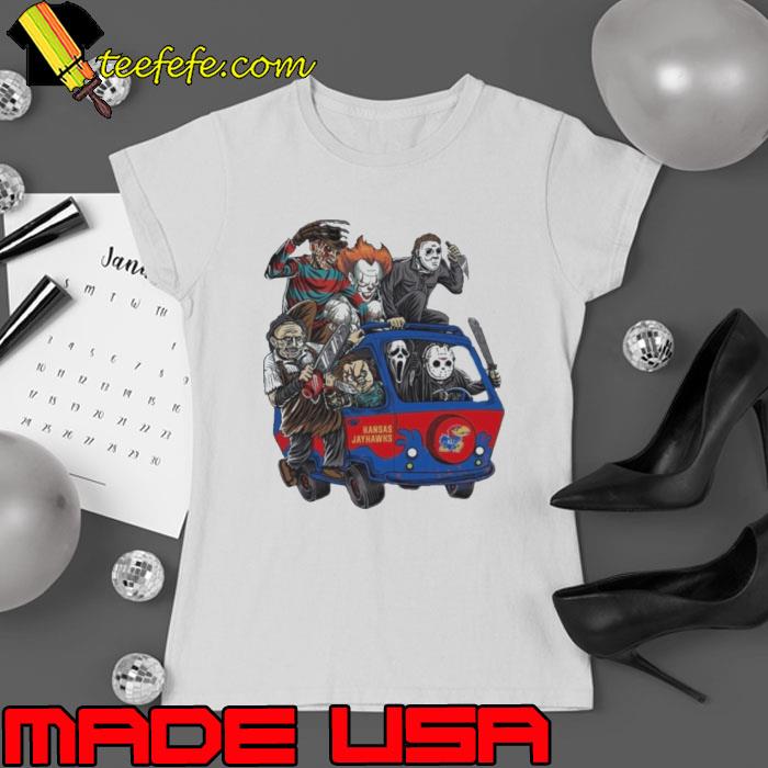 Kansas Jayhawks Horror Movies Characters Bus Halloween 2023 Shirt Ladies tee Kansas Jayhawks Horror Movies Characters Bus Halloween 2023 Shirt Ladies tee