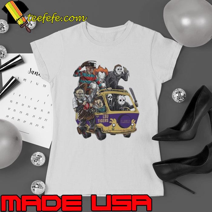 LSU Tigers Horror Movies Characters Bus Halloween 2023 Shirt Ladies tee LSU Tigers Horror Movies Characters Bus Halloween 2023 Shirt Ladies tee