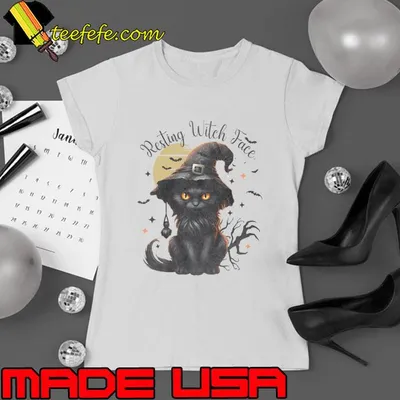 Resting Witch Face Halloween Black Cat Moon Bats T-Shirt