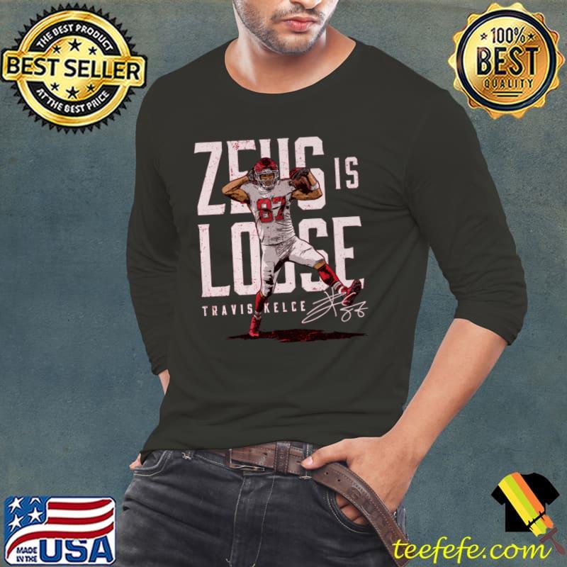 GoatGearDotUS Limited Edition Travis Kelce, Zeus 87 Jersey Style Shirt, Kansas City Chiefs Unisex Hoodie