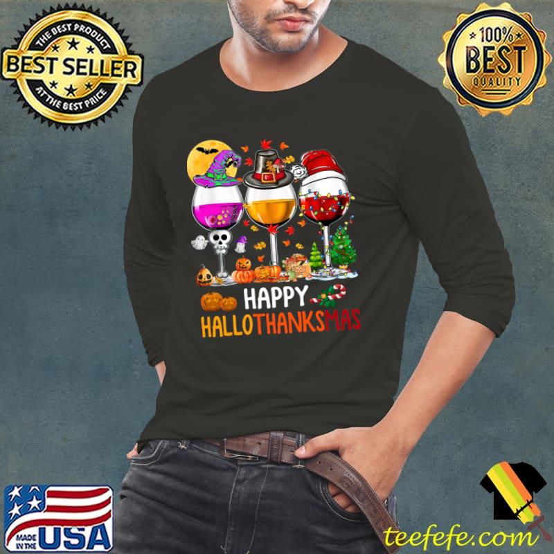 Halloween Thanksgiving Christmas Happy Hallothanksmas Wine Moon Hat Witch Santa Turkey T-Shirt Long Sleeve Tee Halloween Thanksgiving Christmas Happy Hallothanksmas Wine Moon Hat Witch Santa Turkey T-Shirt Long Sleeve Tee