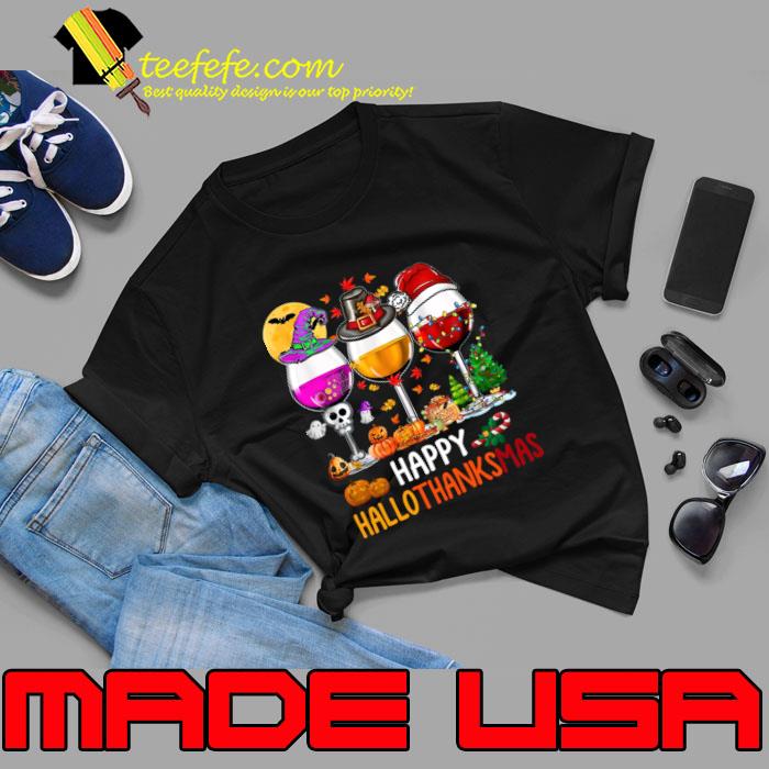 Halloween Thanksgiving Christmas Happy Hallothanksmas Wine Moon Hat Witch Santa Turkey T-Shirt