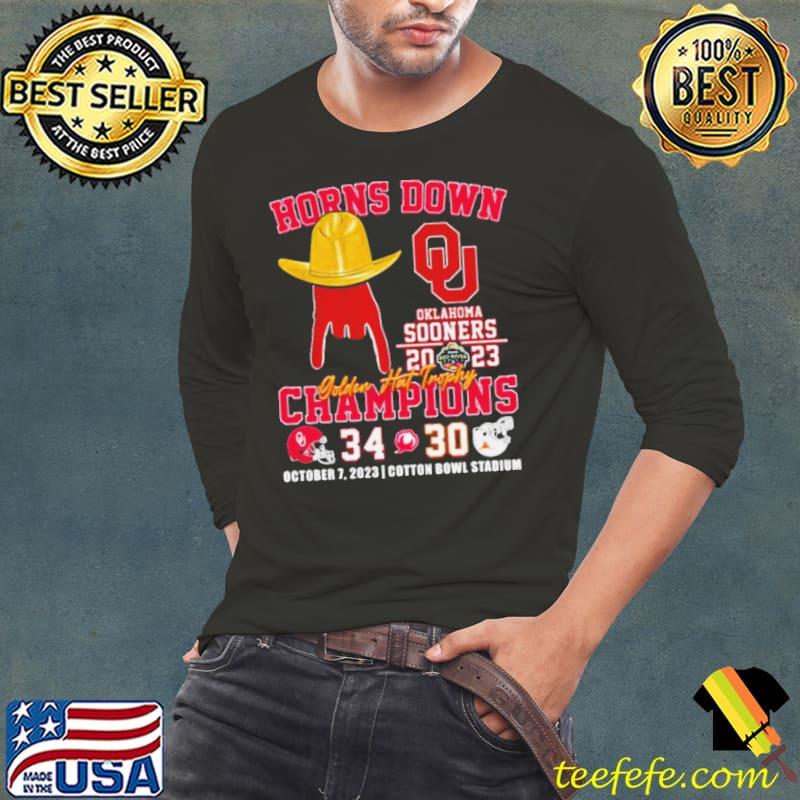 Oklahoma Sooners Horns Down Golden Hat Trophy Champions 2023 Shirt Long Sleeve Tee Oklahoma Sooners Horns Down Golden Hat Trophy Champions 2023 Shirt Long Sleeve Tee