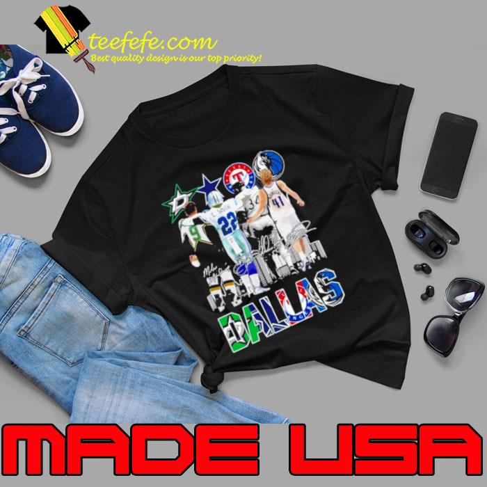 Sports in Dallas Mike Modano Emmitt Smith Nolan Ryan and Dirk Nowitzki Signatures SHirt