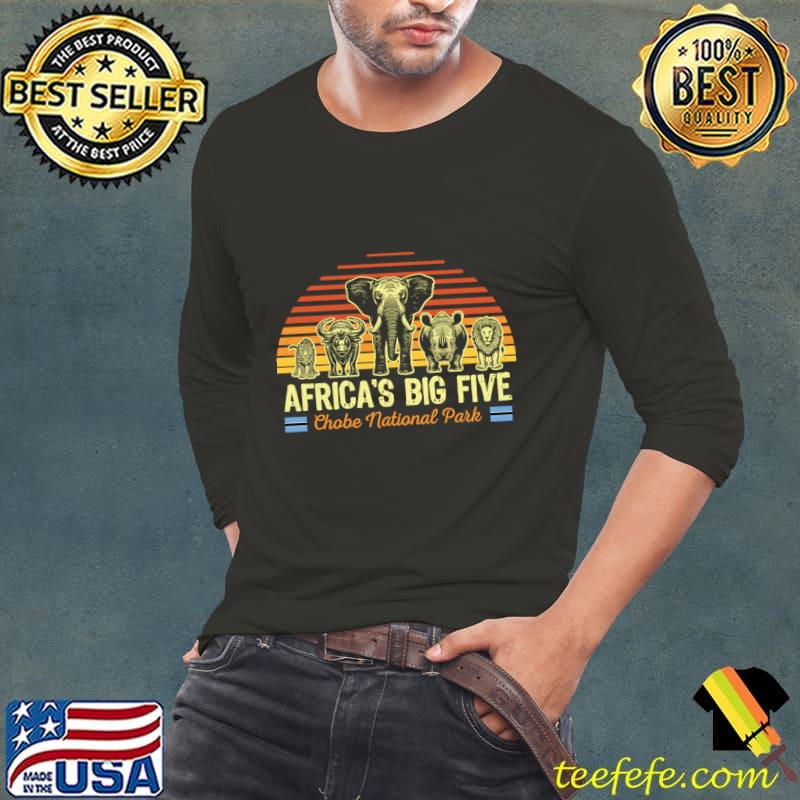 Africa's Big Five Safari Rhino Elephant Buffalo Lion Chobe National Retro Sunset T-Shirt Long Sleeve Tee Africa's Big Five Safari Rhino Elephant Buffalo Lion Chobe National Retro Sunset T-Shirt Long Sleeve Tee