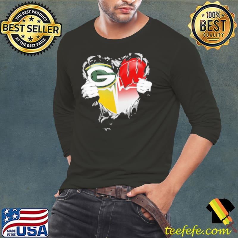 Blood Insides Green Bay Packers And Wisconsin Badgers Heart Heartbeat Shirt Long Sleeve Tee Blood Insides Green Bay Packers And Wisconsin Badgers Heart Heartbeat Shirt Long Sleeve Tee