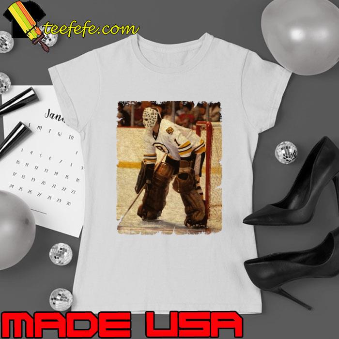 Gilles Gilbert Canadian professional goaltender in ice hockey 1973 in Boston Bruins T-Shirt Ladies tee Gilles Gilbert Canadian professional goaltender in ice hockey 1973 in Boston Bruins T-Shirt Ladies tee