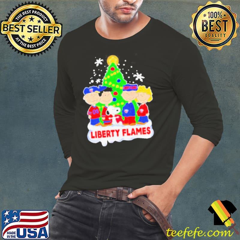 Happy Merry Christmas Peanuts Christmas tree Liberty Flames football logo 2023 s Long Sleeve Tee Happy Merry Christmas Peanuts Christmas tree Liberty Flames football logo 2023 s Long Sleeve Tee