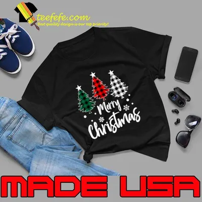 Merry Christmas Tree Xmas Buffalo Plaid Red White Green T-Shirt
