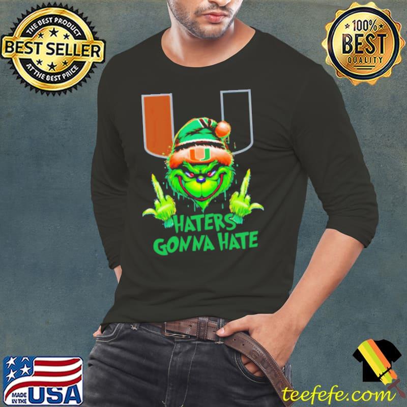 Miami Hurricanes Grinch Santa Middle finger haters gonna hate s Long Sleeve Tee Miami Hurricanes Grinch Santa Middle finger haters gonna hate s Long Sleeve Tee