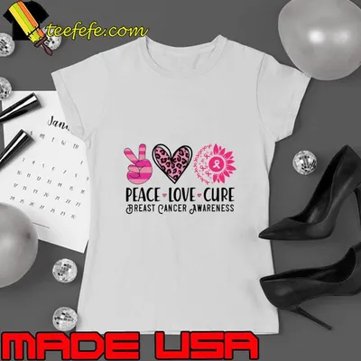 Peace Love Cure Breast Cancer Awareness High hand Heart Leopard Sunflower T-Shirt