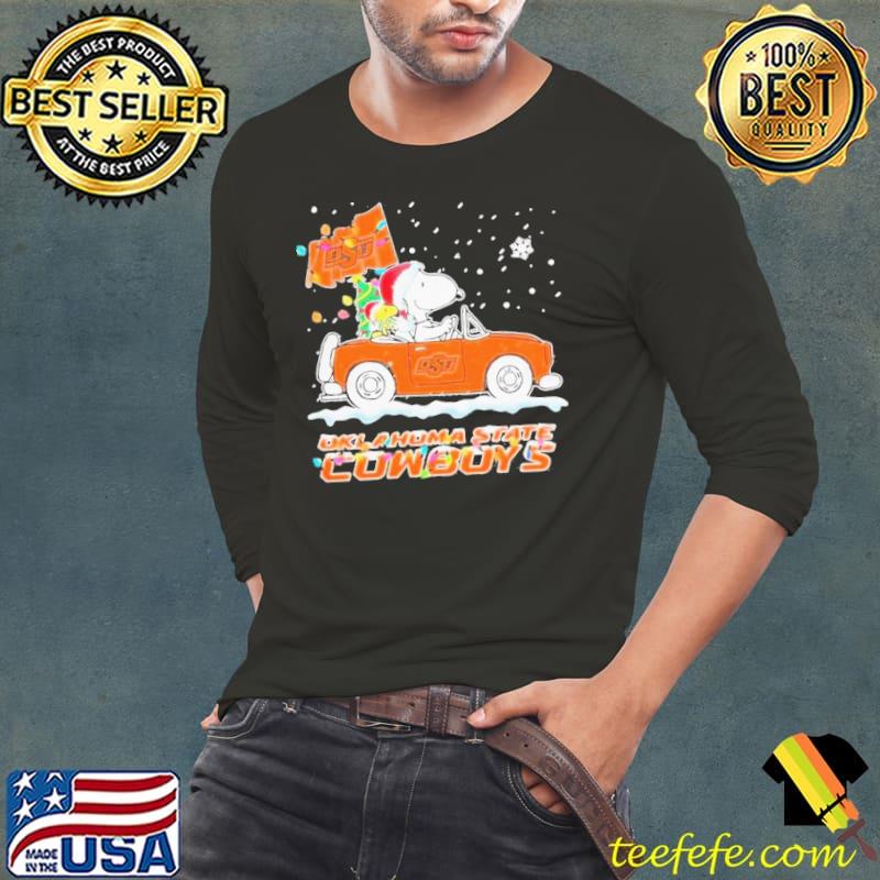 Snoopy And Woodstock Hat Santa Driving Car Oklahoma State Cowboys Flag Christmas Shirt