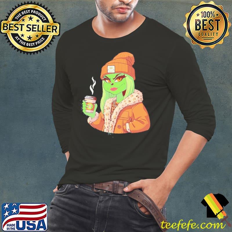 Girl Grinch Hat Santa Hug Coffee Merry Christmas Shirt