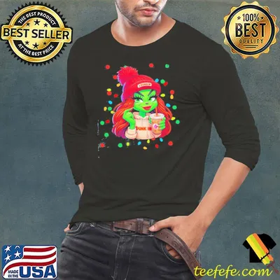 Girl Grinch Hat Santa Hug Dunkin’ Merry Christmas Shirt
