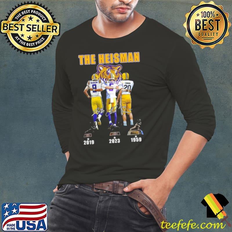 Lsu Tigers The Heisman Trophy Jayden Daniels Joe Burrow Billy Cannon Signatures s Long Sleeve Tee Lsu Tigers The Heisman Trophy Jayden Daniels Joe Burrow Billy Cannon Signatures s Long Sleeve Tee