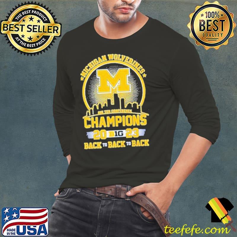 Michigan Wolverines Skyline Big Ten Conference Champions 2023 Back To Back To Back Shirt Long Sleeve Tee Michigan Wolverines Skyline Big Ten Conference Champions 2023 Back To Back To Back Shirt Long Sleeve Tee
