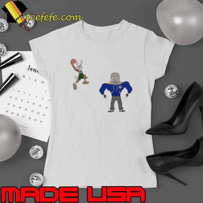 Golden State Warriors VS Milwaukee Bucks NBA 2024 mascot cartoon s Ladies tee Golden State Warriors VS Milwaukee Bucks NBA 2024 mascot cartoon s Ladies tee