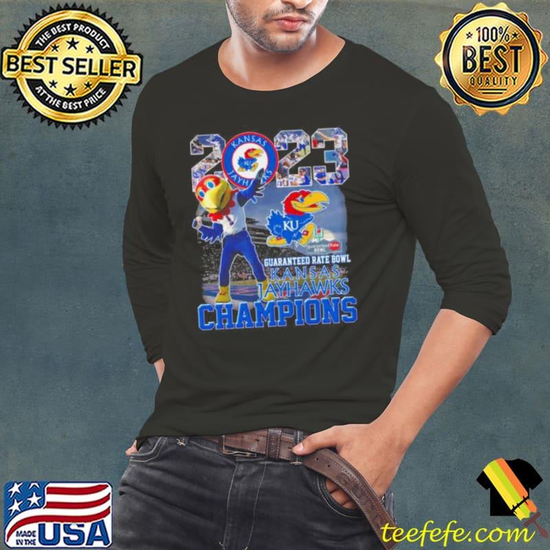 Kansas Jayhawks 2023 Guaranteed Rate Bowl Champions Mascot Shirt Long Sleeve Tee Kansas Jayhawks 2023 Guaranteed Rate Bowl Champions Mascot Shirt Long Sleeve Tee