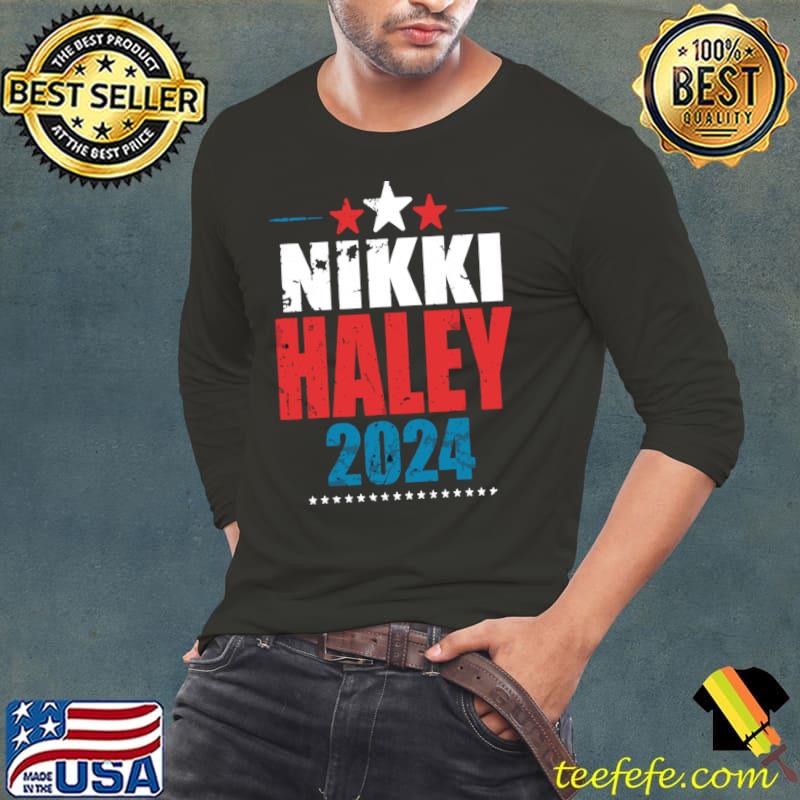 Vintage Nikki Haley 2024 Stars Red And Blue Line Election T-Shirt Long Sleeve Tee Vintage Nikki Haley 2024 Stars Red And Blue Line Election T-Shirt Long Sleeve Tee