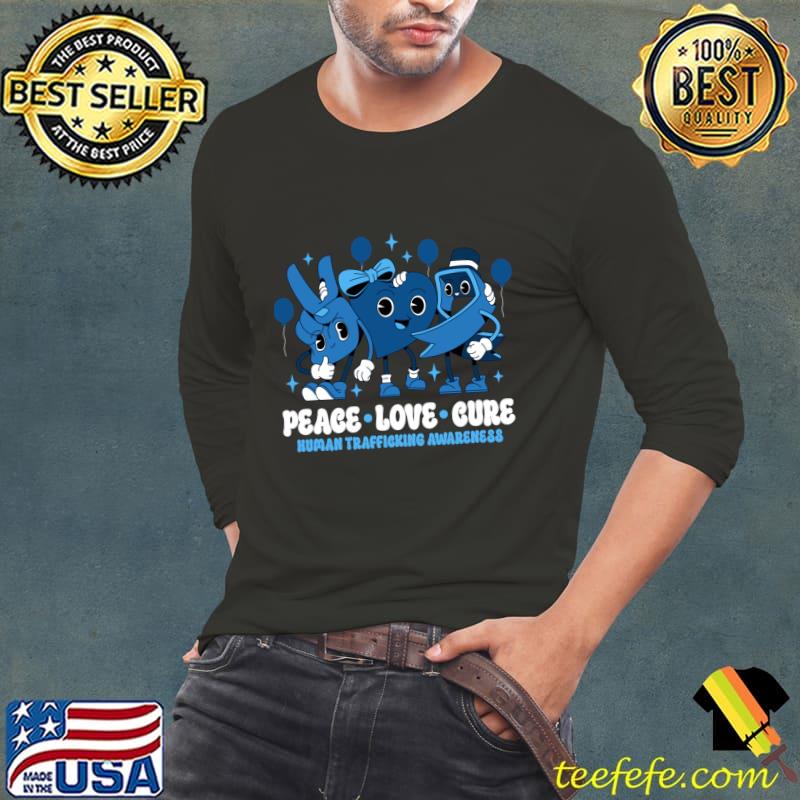 Peace Love Cure Blue Ribbon Survivor Groovy Human Trafficking Awareness T-Shirt Long Sleeve Tee Peace Love Cure Blue Ribbon Survivor Groovy Human Trafficking Awareness T-Shirt Long Sleeve Tee