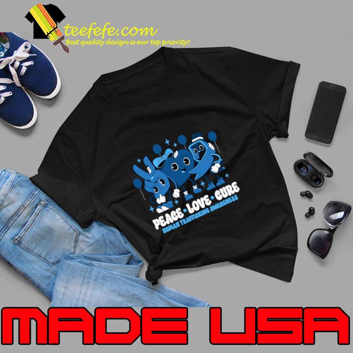 Peace Love Cure Blue Ribbon Survivor Groovy Human Trafficking Awareness T-Shirt Unisex Peace Love Cure Blue Ribbon Survivor Groovy Human Trafficking Awareness T-Shirt Unisex