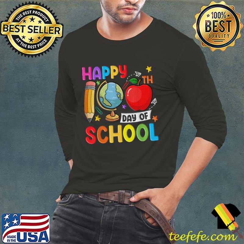 Premium happy 100Th Day Of School Global apple pencil T-Shirt Long Sleeve Tee Premium happy 100Th Day Of School Global apple pencil T-Shirt Long Sleeve Tee