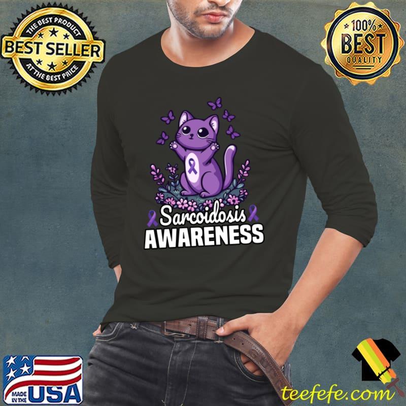 Cat And Butterflies Sarcoidosis Awareness Month Purple Ribbon T-Shirt