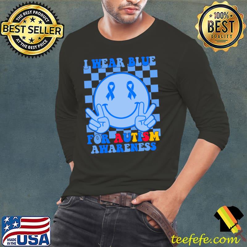 I Wear Blue For Autism Awareness Blue Smile Face T-Shirt Long Sleeve Tee I Wear Blue For Autism Awareness Blue Smile Face T-Shirt Long Sleeve Tee