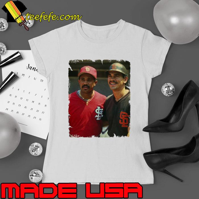 Tony Pena in St. Louis Cardinals and Benito Santiago in San Francisco Giants T-Shirt Ladies tee Tony Pena in St. Louis Cardinals and Benito Santiago in San Francisco Giants T-Shirt Ladies tee