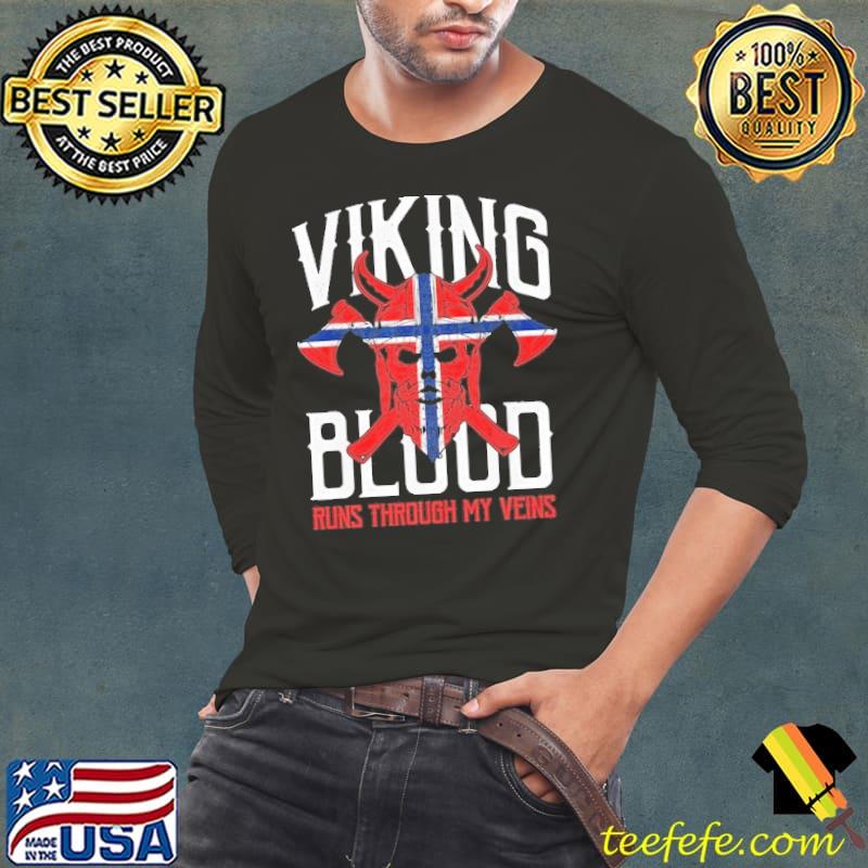 Top viking Blood Runs Through My Veins Skull Norwegian Flag Pride Norway Shirt