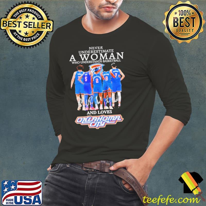 Never Underestimate A Woman Who Understands Basketball And Loves Oklahoma City Thunder 2024 Signatures Shirt