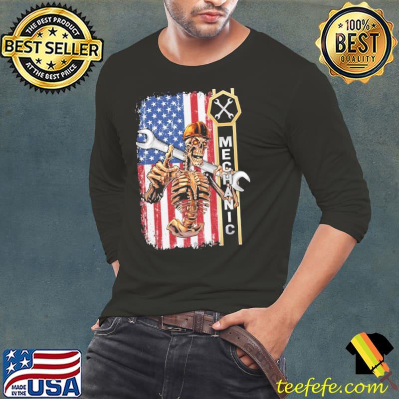 Proud Mechanic Skull AMerican Flag s Long Sleeve Tee Proud Mechanic Skull AMerican Flag s Long Sleeve Tee