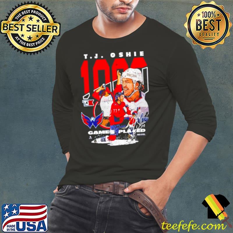 Tj Oshie Washington Capitals 1000 Games Played signature s Long Sleeve Tee Tj Oshie Washington Capitals 1000 Games Played signature s Long Sleeve Tee