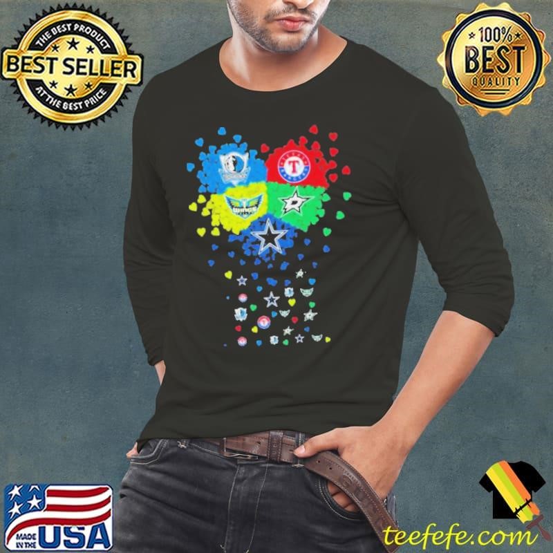 Heart Texas Sports Teams Mavericks, Rangers Dallas Wings Stars And Cowboys Long Sleeve Tee